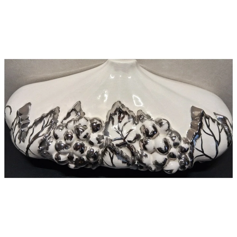 Vintage Arnels Ceramic Wall Pocket Planter Silver Metallic Grapes White 14.5in